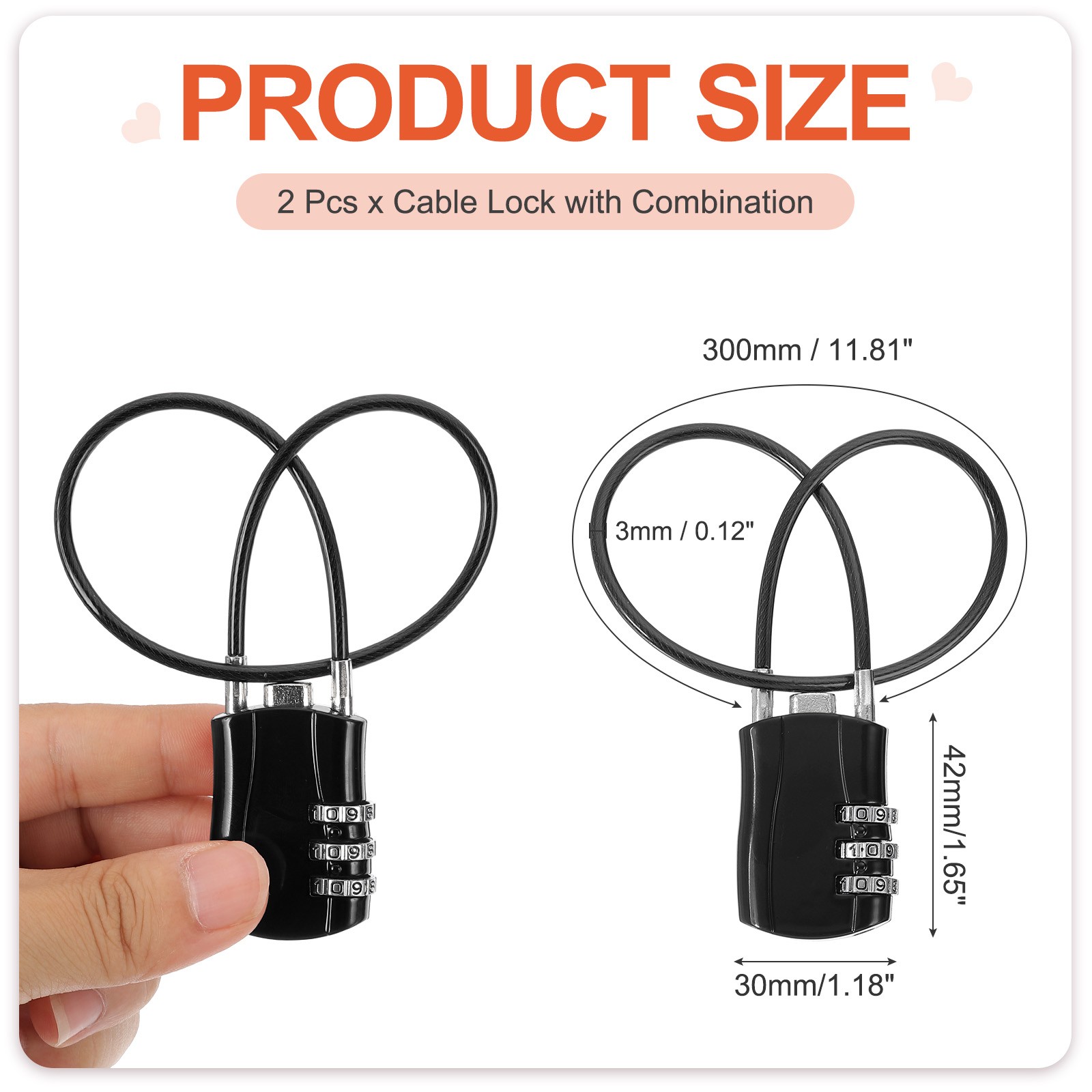 2 Pcs 3 Digit Luggage Cable Combination Lock with 12" Long Cable, Black