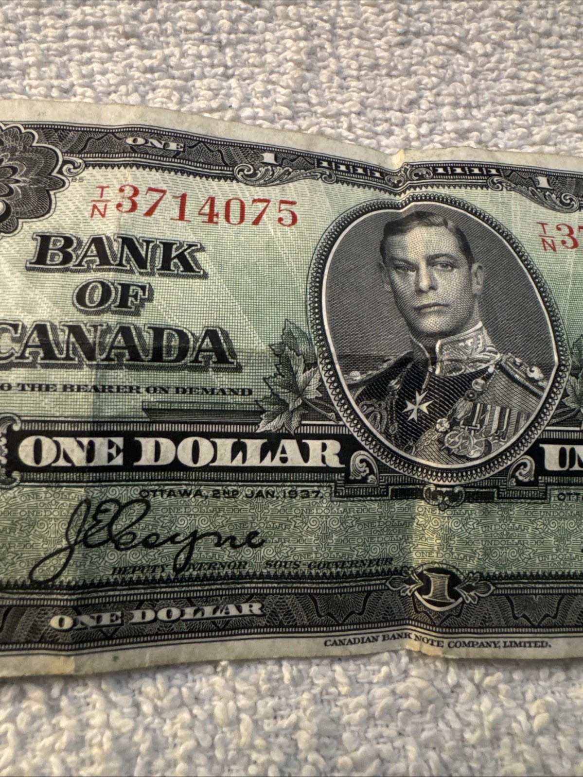 Vintage 1937 Canada One Dollar Banknote