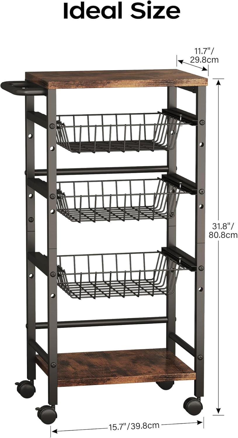 5-Tier Snack Organizer Cart with 3 Height Adjustable Pull-Out Baskets and 2 Stor