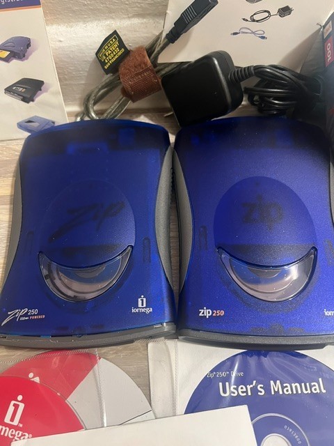 Vintage Pair  iomega Zip 250 MB USB Powered/brick powered - manuals, zip drives