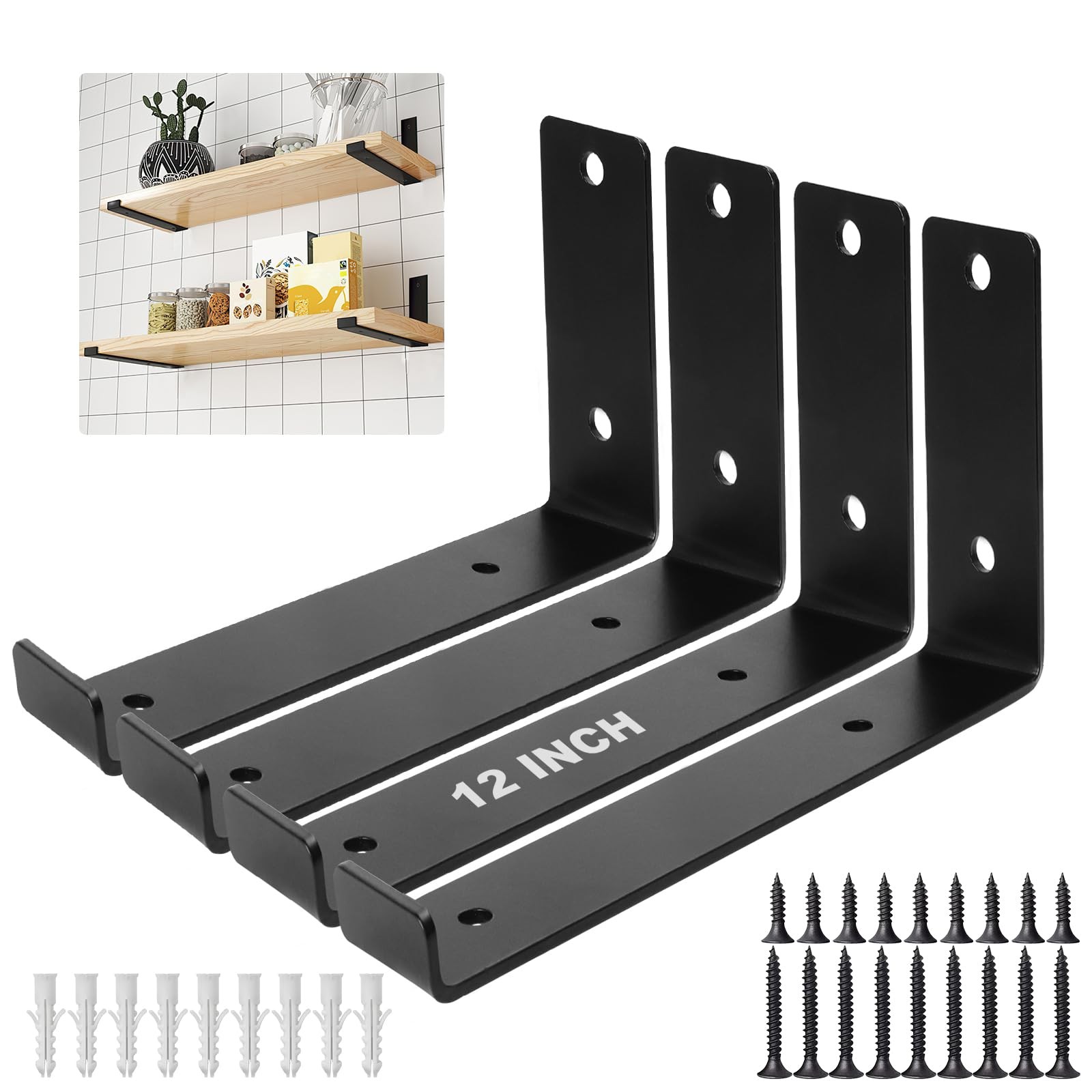Shelf Brackets 12 Inch Heavy Duty Hook Brackets 1/6 Inch Thick Black 4 Pack