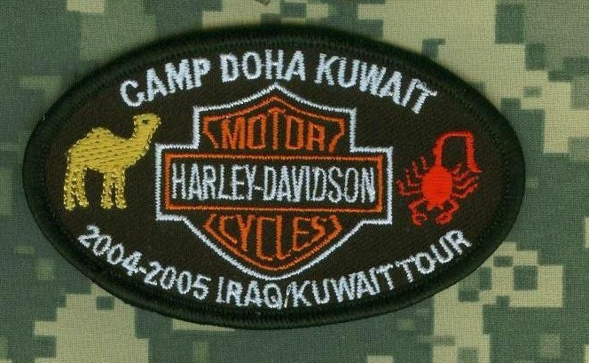 GWOT OIF WAR TROPHY SANDBOX iron-on PATCH: HOG CAMP DOHA KUWAIT 2004-2005 TOUR