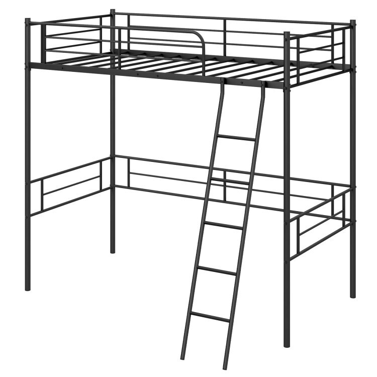 Metal Twin Loft Bed Frame Bedroom Platform W/ Ladder, Safety Guardrail Furniture