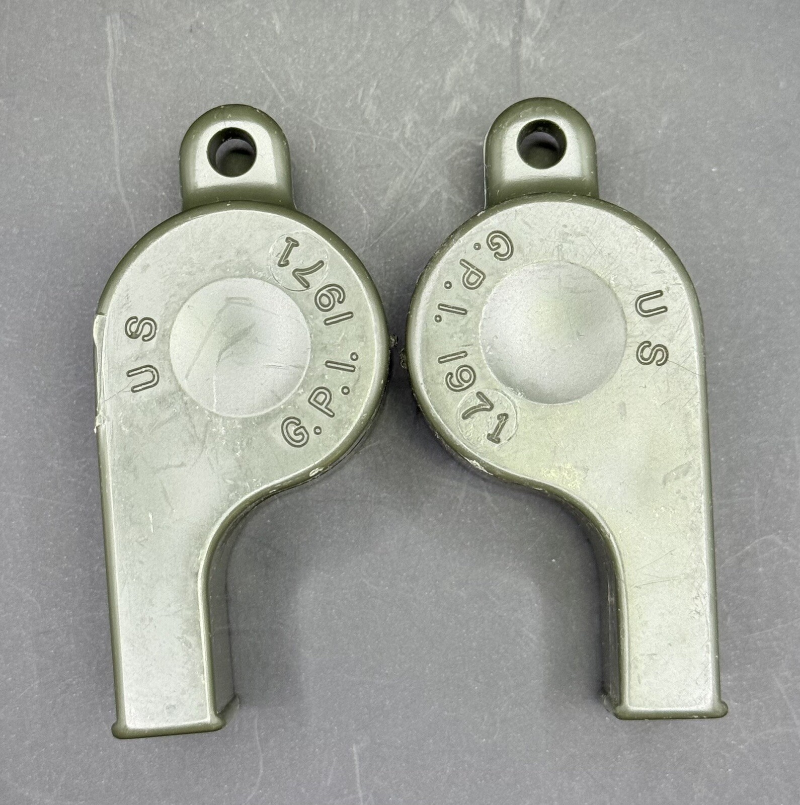 Set of Two - Vietnam era US Military Whistle G.P.I. 1971 dated - New Old Stock
