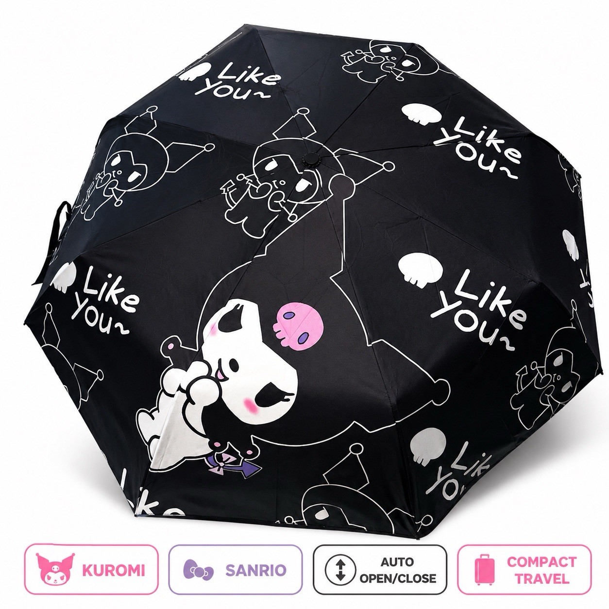 Kuromi Automatic Folding Umbrella Black Sanrio Compact Travel Umbrella