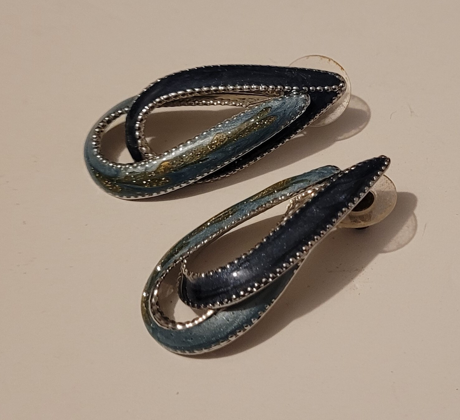 Vintage Two Shades Green Glittery Silver Tone Earrings