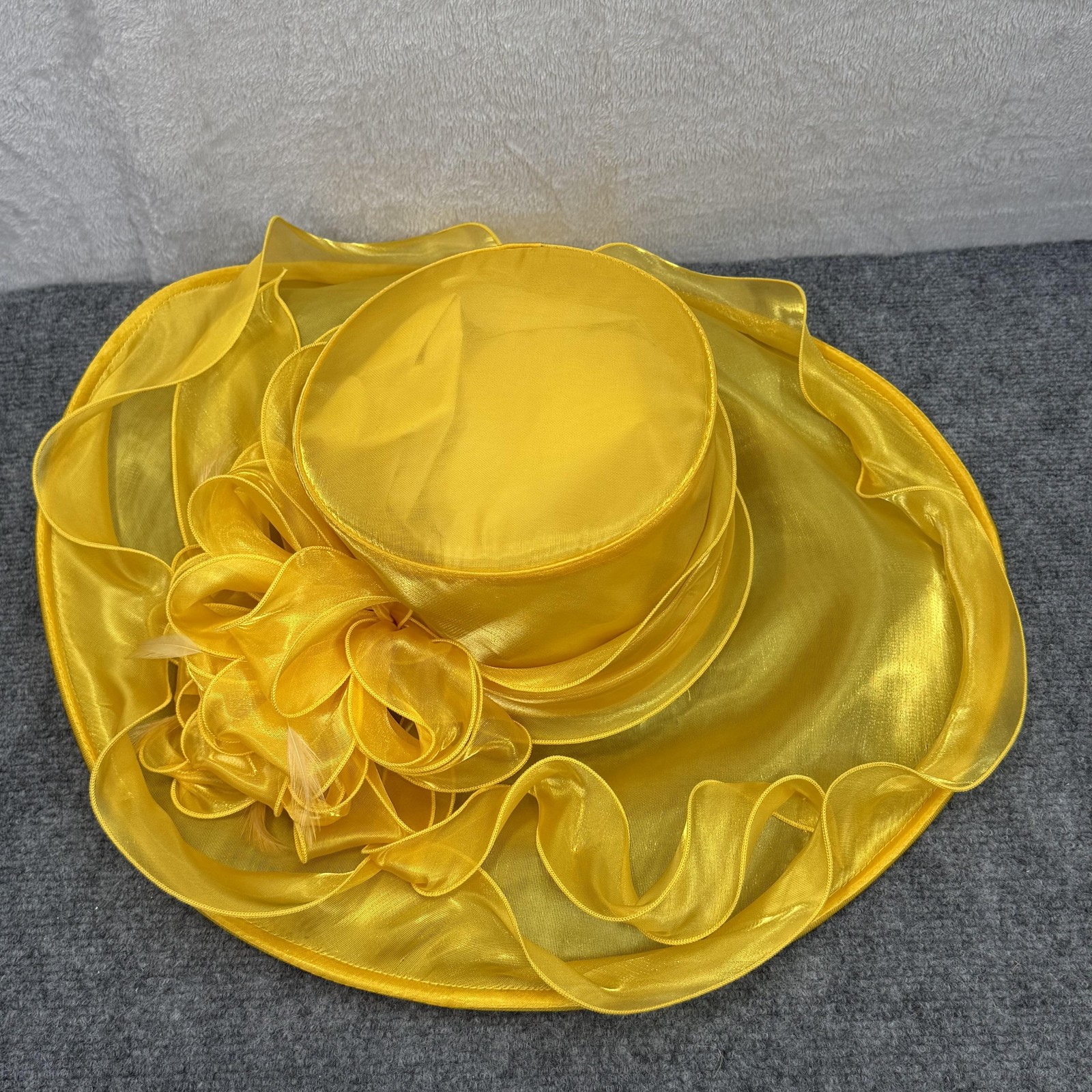 Derby Hat Sun Womens Adjustable Yellow Organza Sheer Wide Brim Ruffle Church NWT