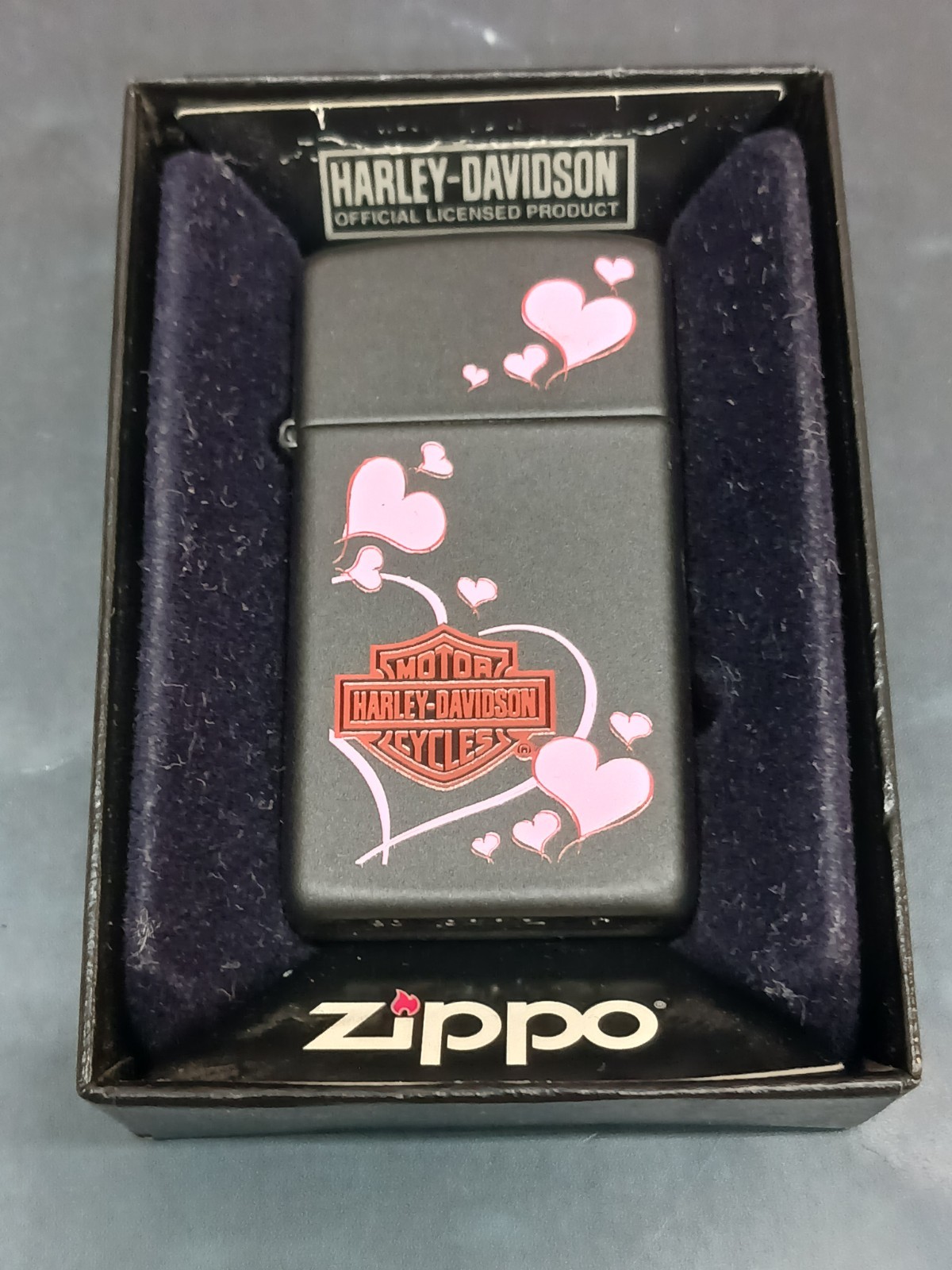 Zippo Slim Harley Davidson Black Matte Floating Hearts Color Image 24395