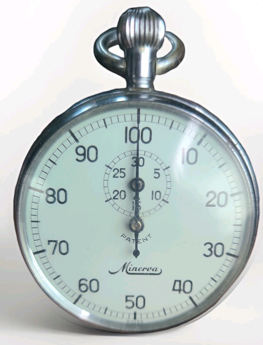 Minerva Swiss  Stopwatch 7 Jwls 100 sec 1 Dial, 30-Min subdial og Box recent svc