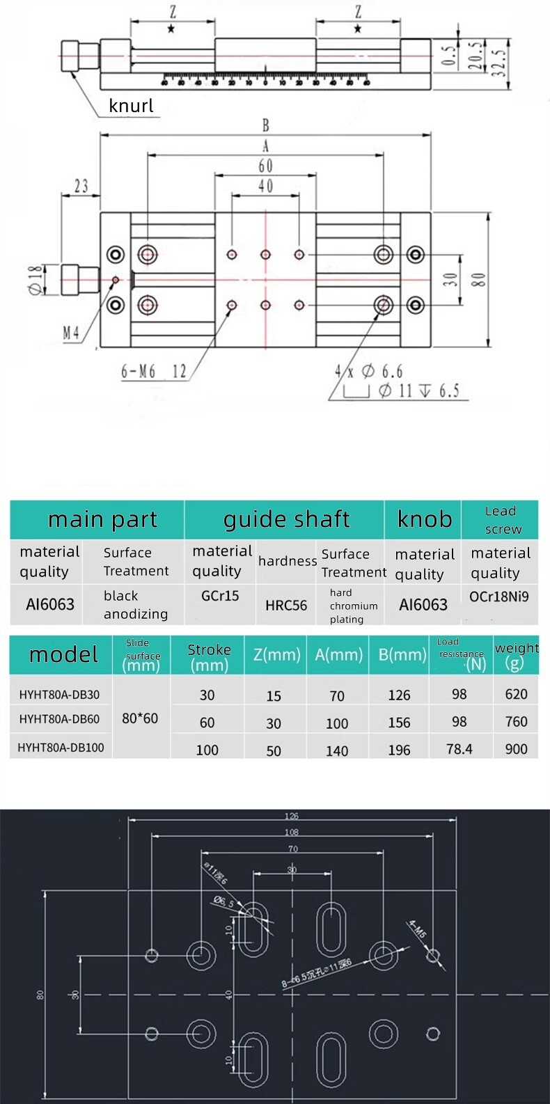 X - Axis 80A-DB30 Manual Linear Stage Translation Displacement Platform 80x60mm