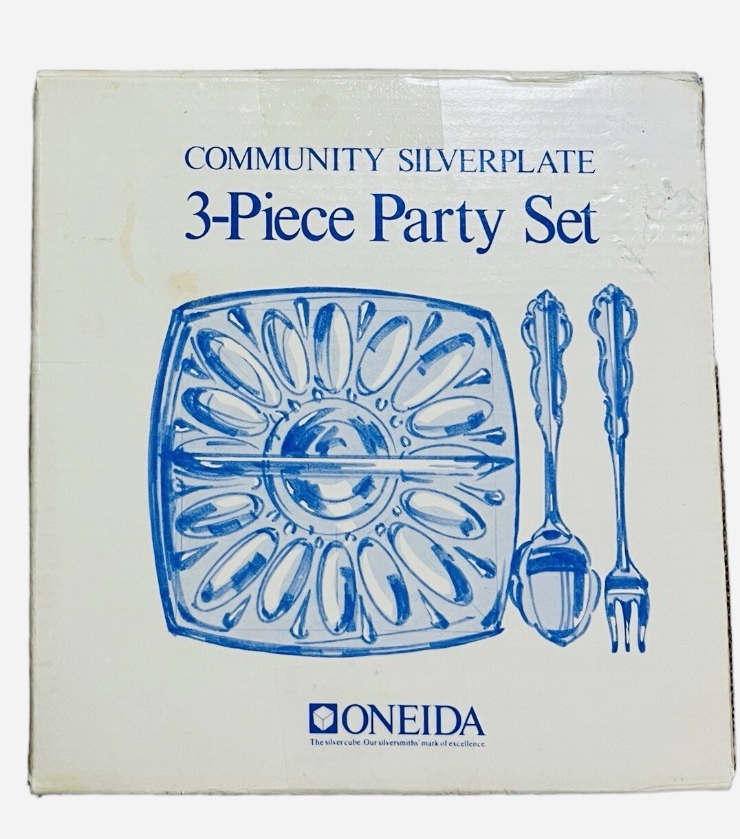 Vintage Oneida Community Silverplate 3 Piece Party Set Glass Dish Utensils -NEW