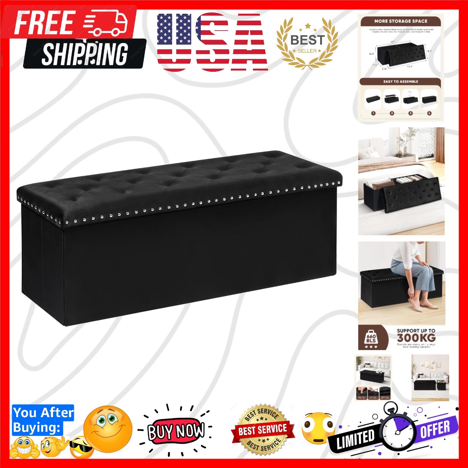 Multi-Purpose Folding Bench Ottoman – Luxury Velvet, 43 Inches, 660 lbs Capacity