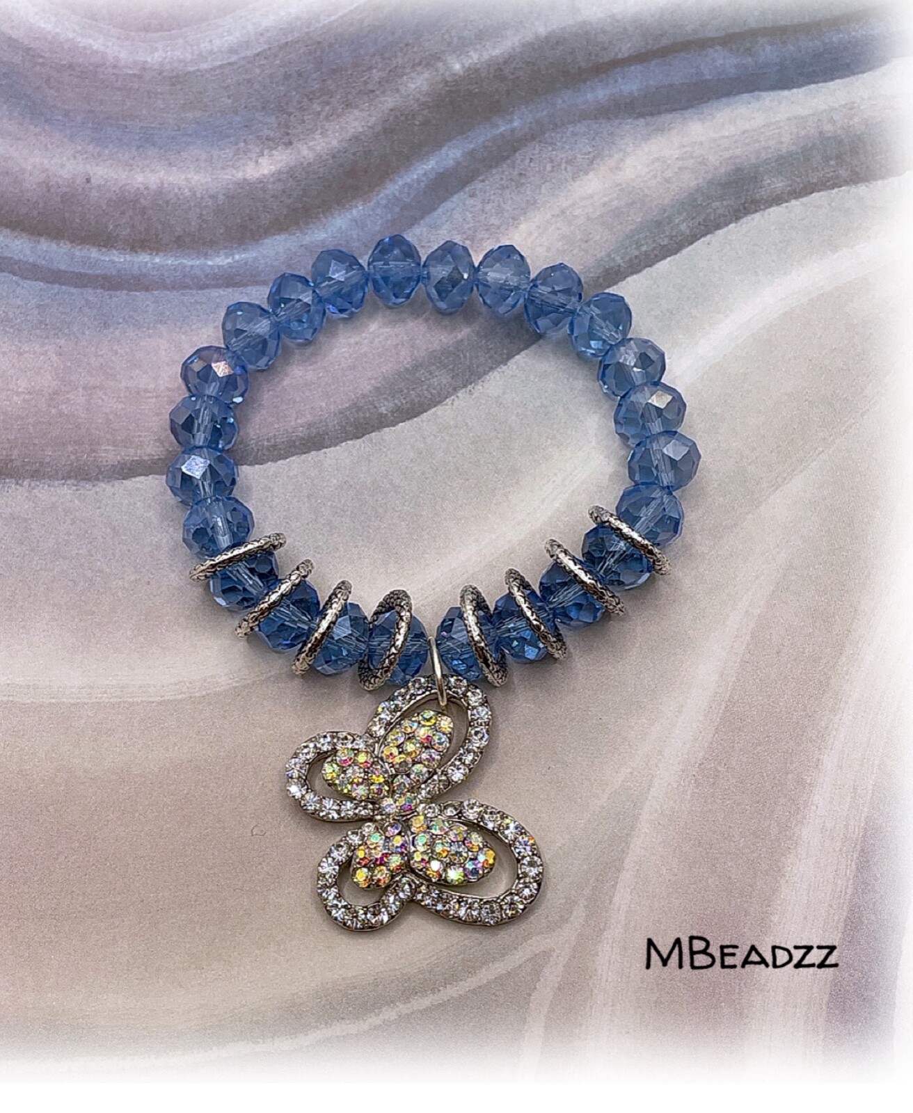 Rhinestone Butterfly Blue Bead Bracelet