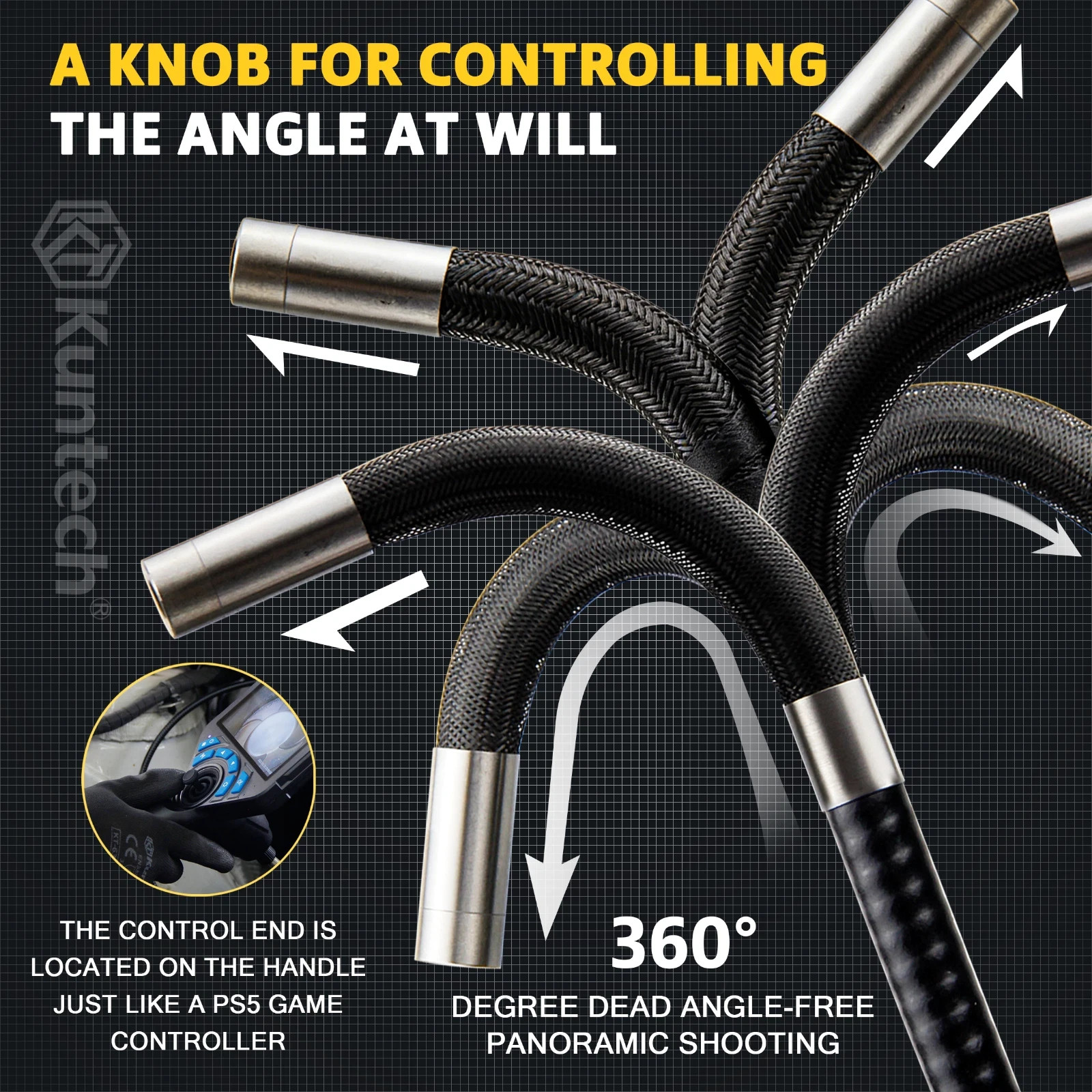 Kuntech 4-Way 360° Articulating Borescope 5" Endoscope w/Light Inspection Camera