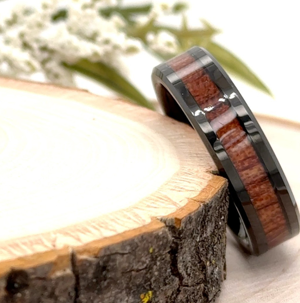 6mm Polished Black Tungsten Modern Band Wood Inlay Comfort Fit Christmas Ring