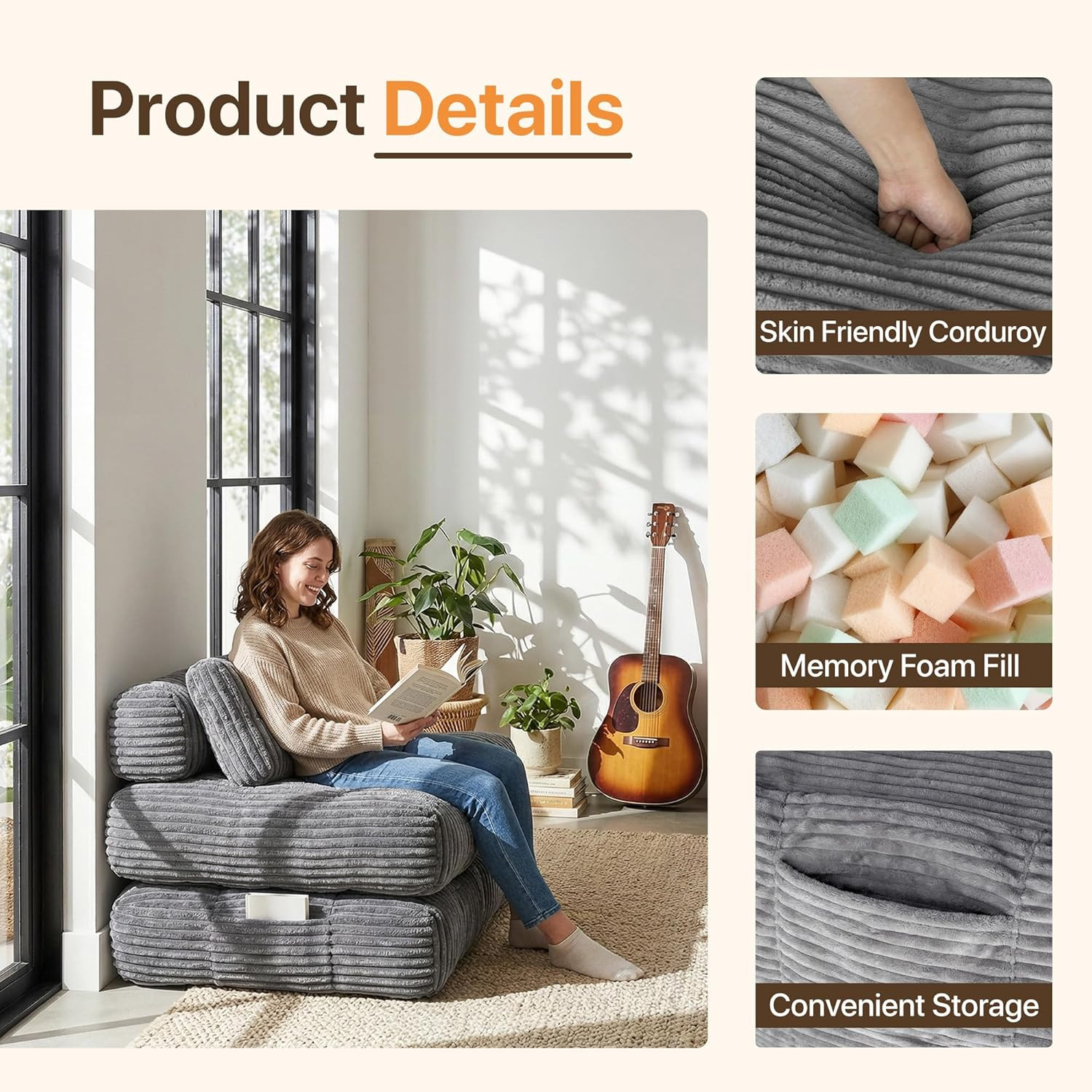 Boneless Chair, Folding Sofa Bed with Pillow Sleeper Sofa with Back Support, Sle