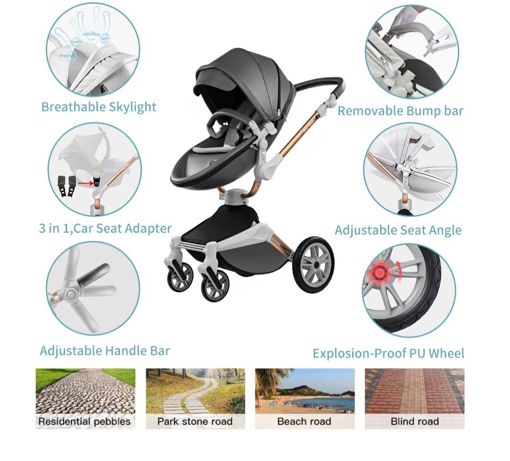 Hot Mom 2-in-1 Baby Grey Stroller with a 360° rotation function &PU leather SPF+
