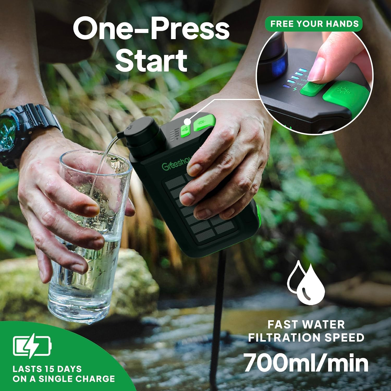 Electric Water Filter, 0.01 Micron Survival Filtration System with Solar, Hand C