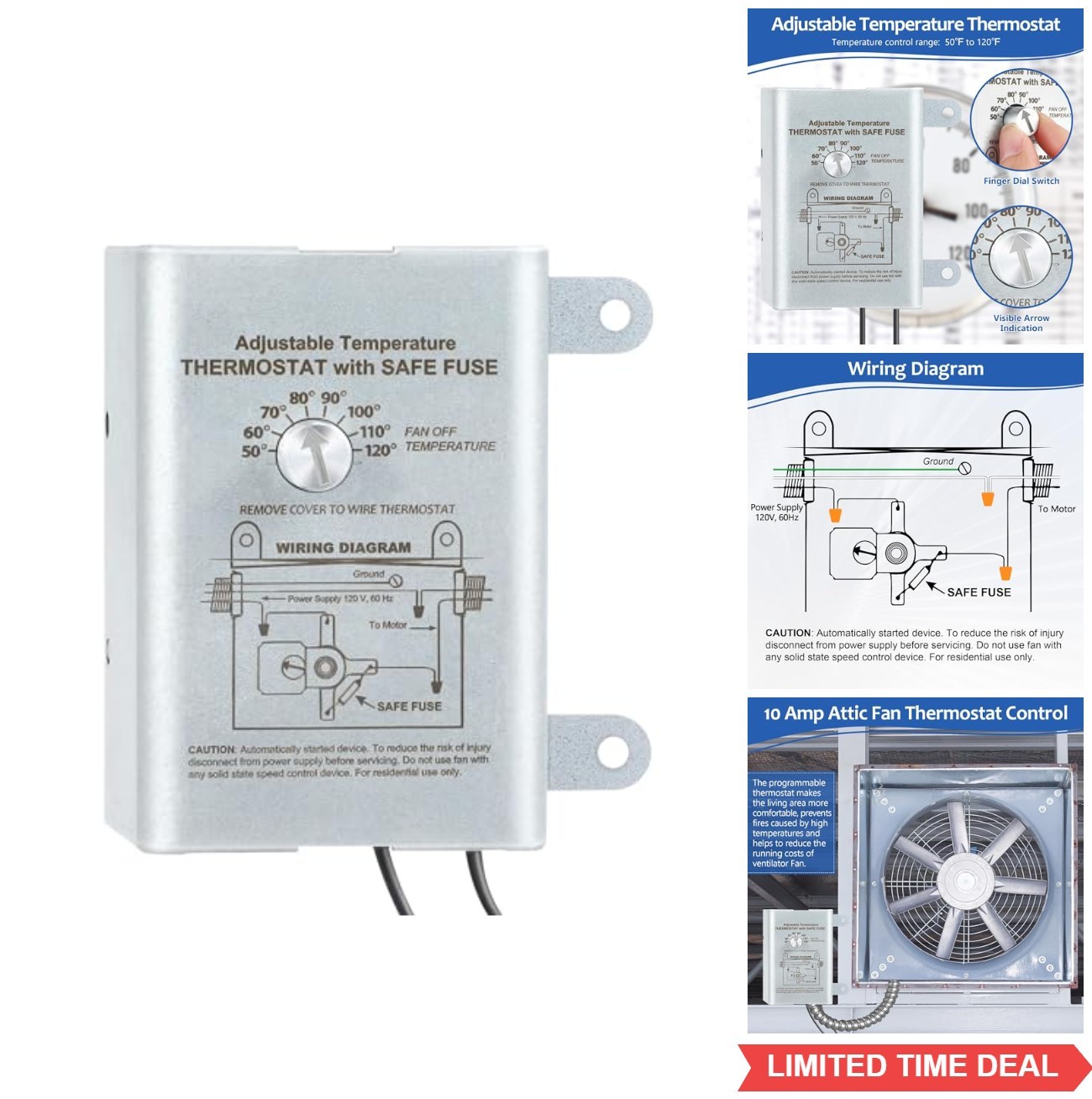Attic Fan Thermostat Control Adjustable Temperature Dial 120V Wall Mount Silver