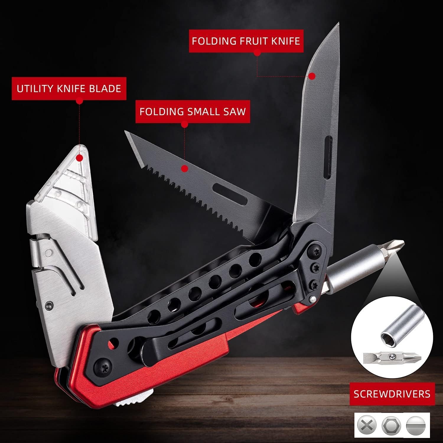 Multicolor Folding Utility Knife with Box Cutter, Saw and Screwdriver Features