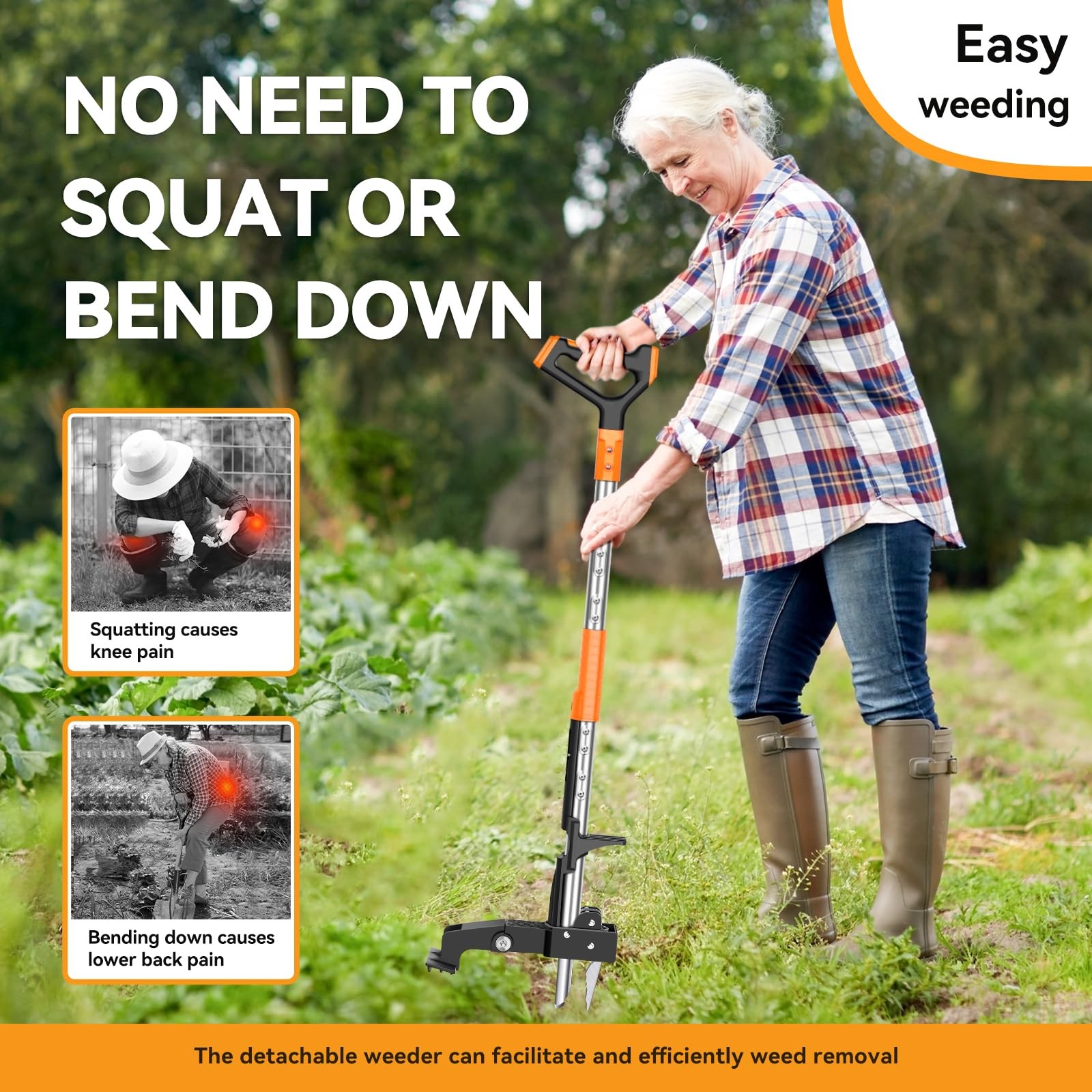 Fulljion Weed Puller Tool,Detachable Stand Up with Long Orange