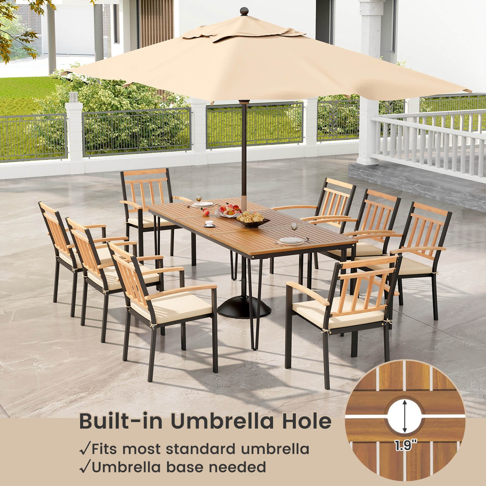 9 PCS Patio Dining Set w/Rectangular Acacia Wood Dining Table 8 Cushioned Chairs