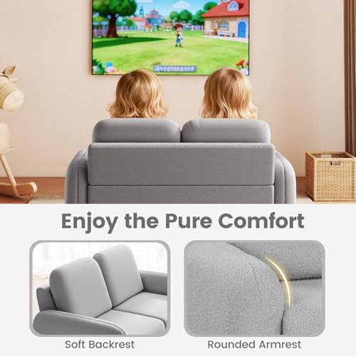 Kids Sofa, 2 Seat Soft Thick Upholstered Couch with Plush Fabric Solid Grey