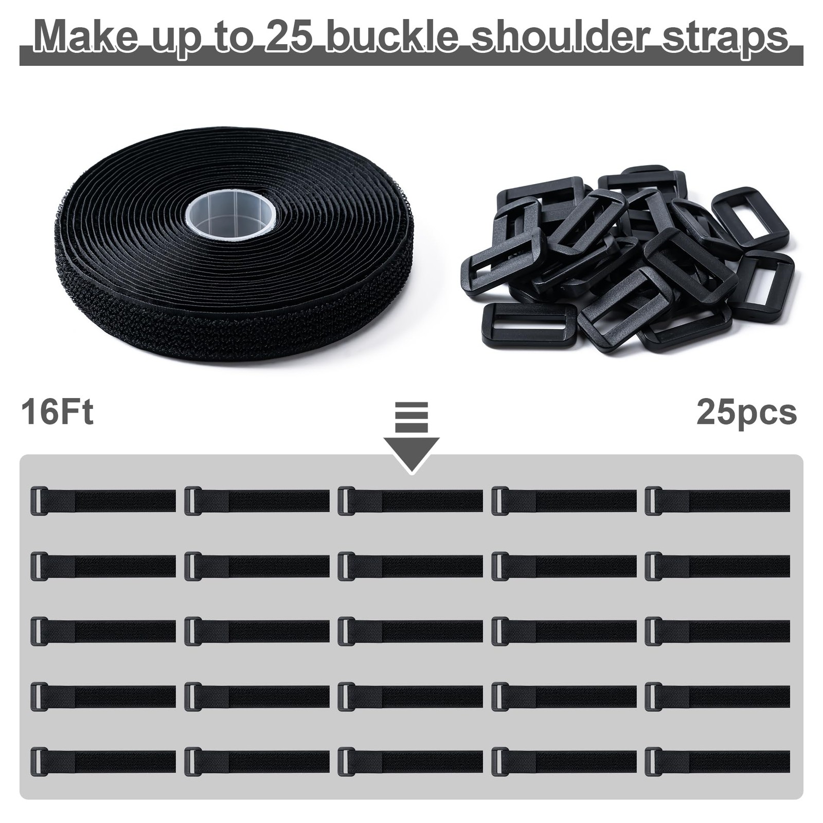 0.8in x 16ft Hook Loop Straps, 25 Plastic Buckles - Reusable Cable Ties Black