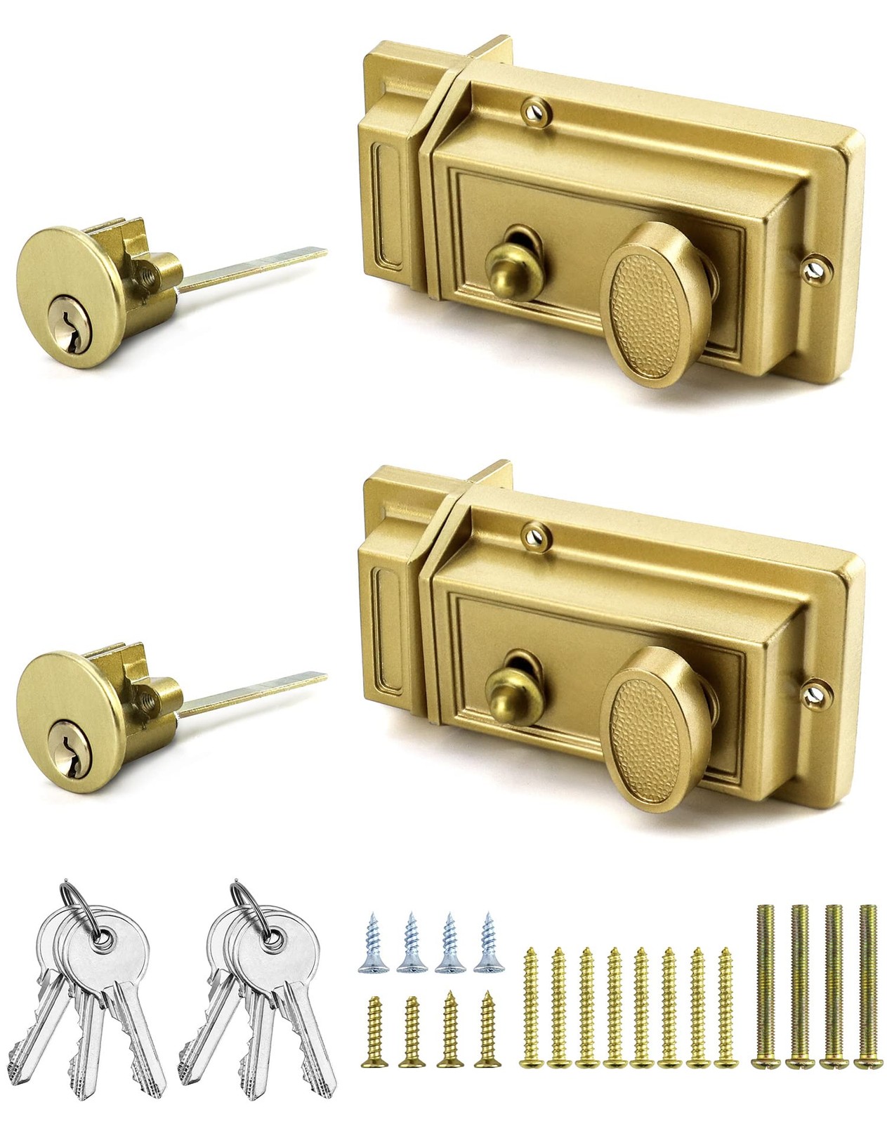 QWORK Night Latch Deadbolt Rim Lock with Key, 2Pack Gold Finish Antique