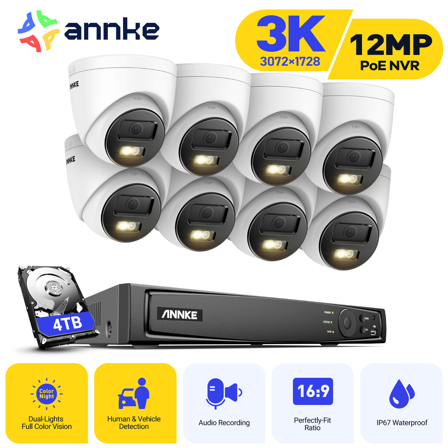 ANNKE 8CH 12MP NVR 5MP POE AI Color Night Security Camera System Audio Recording