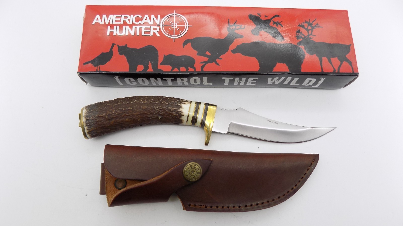 American Hunter- "Control The Wild" Hunting Knife & Sheath 7002 NIB 10" Stag