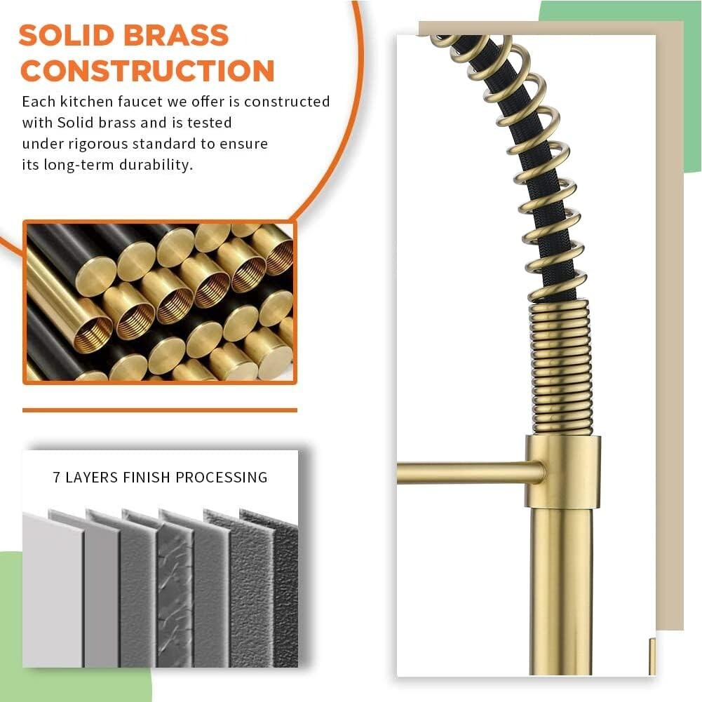 Brushed Gold Kitchen Faucet with Pull Down Sprayer Single Handle Spring Faucet