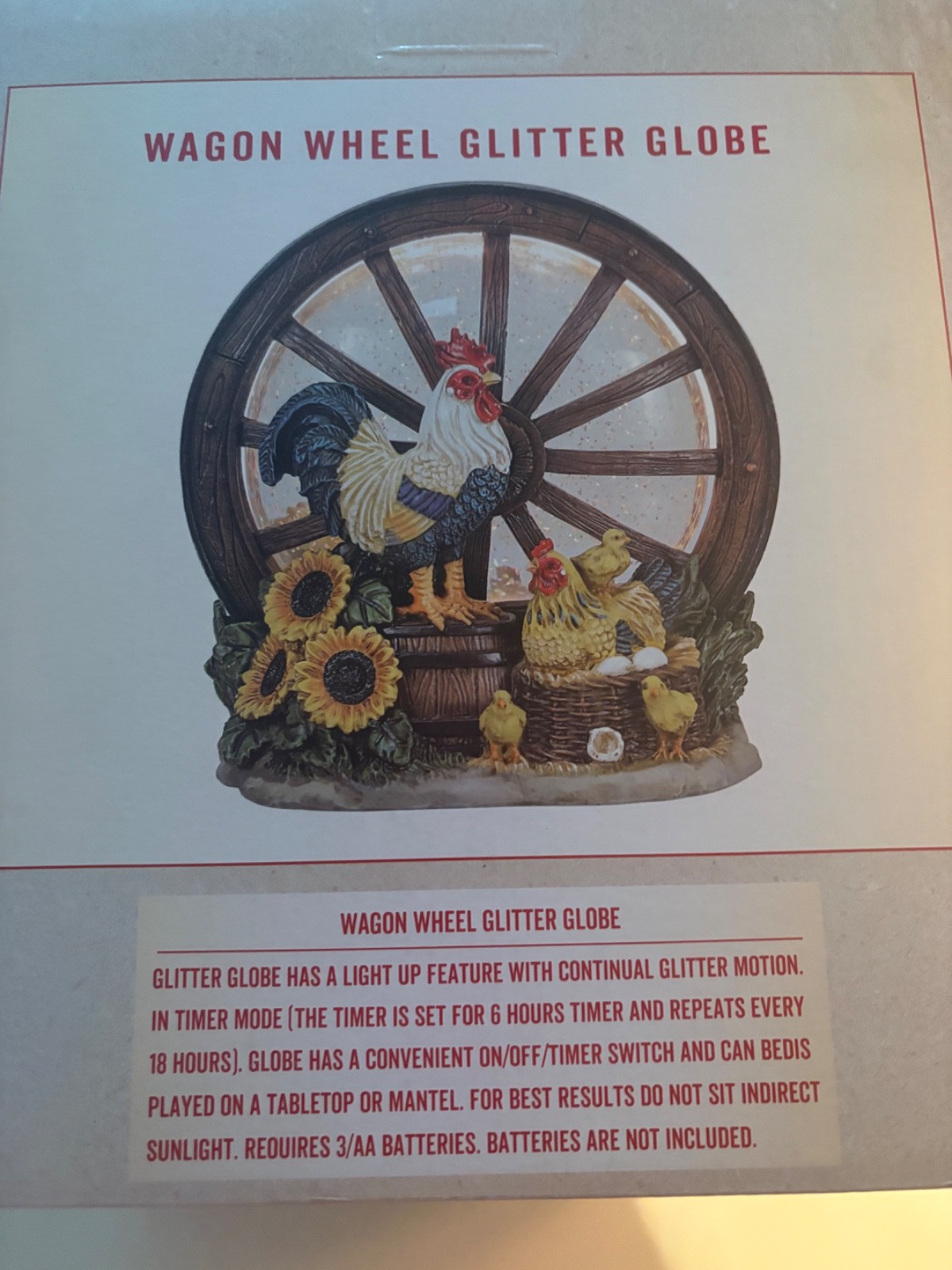 CRACKER BARREL WAGON WHEEL ROOSTER SUNFLOWERS GLITTER GLOBE - NEW