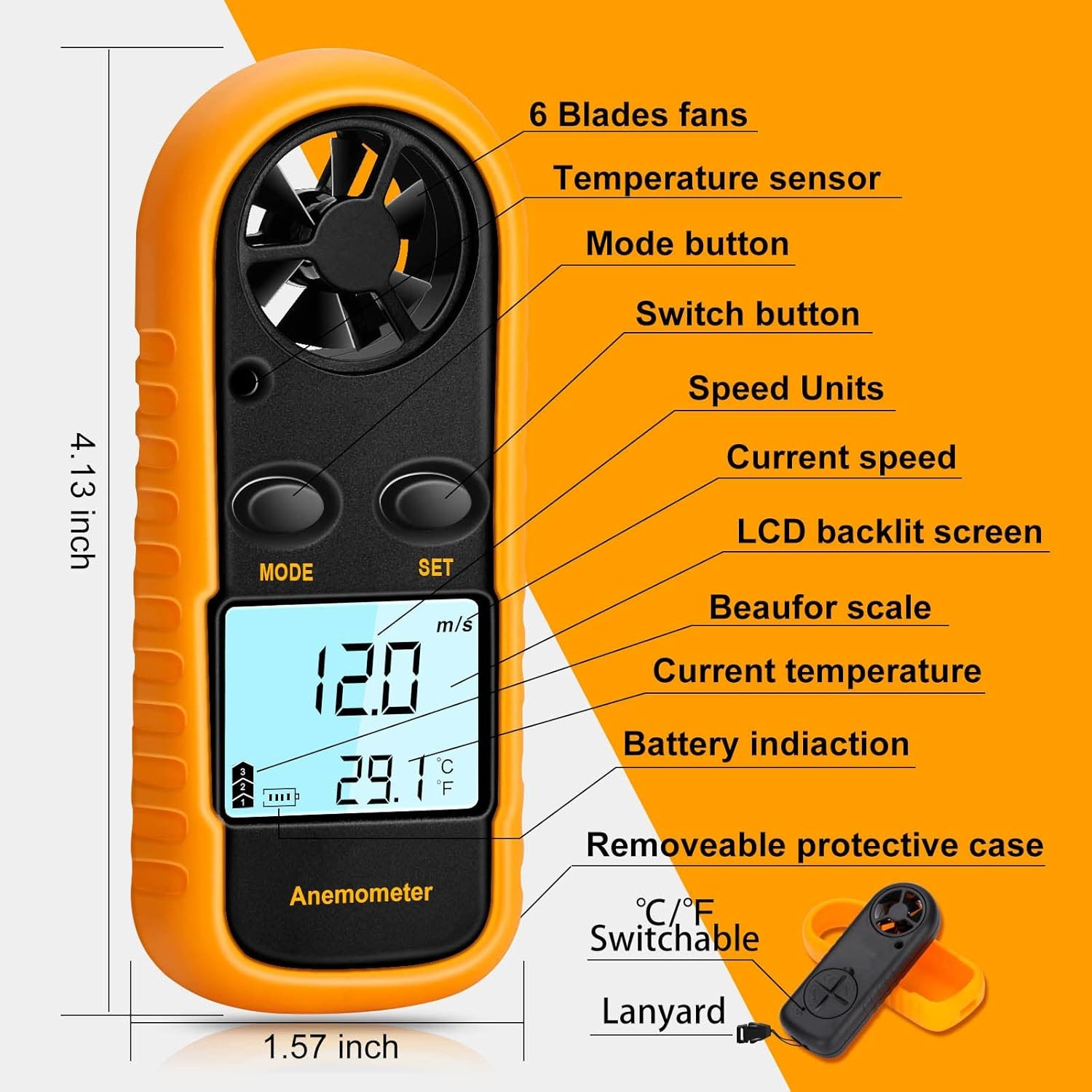 Handheld Digital Anemometer, Wind Speed & Temperature Meter LCD