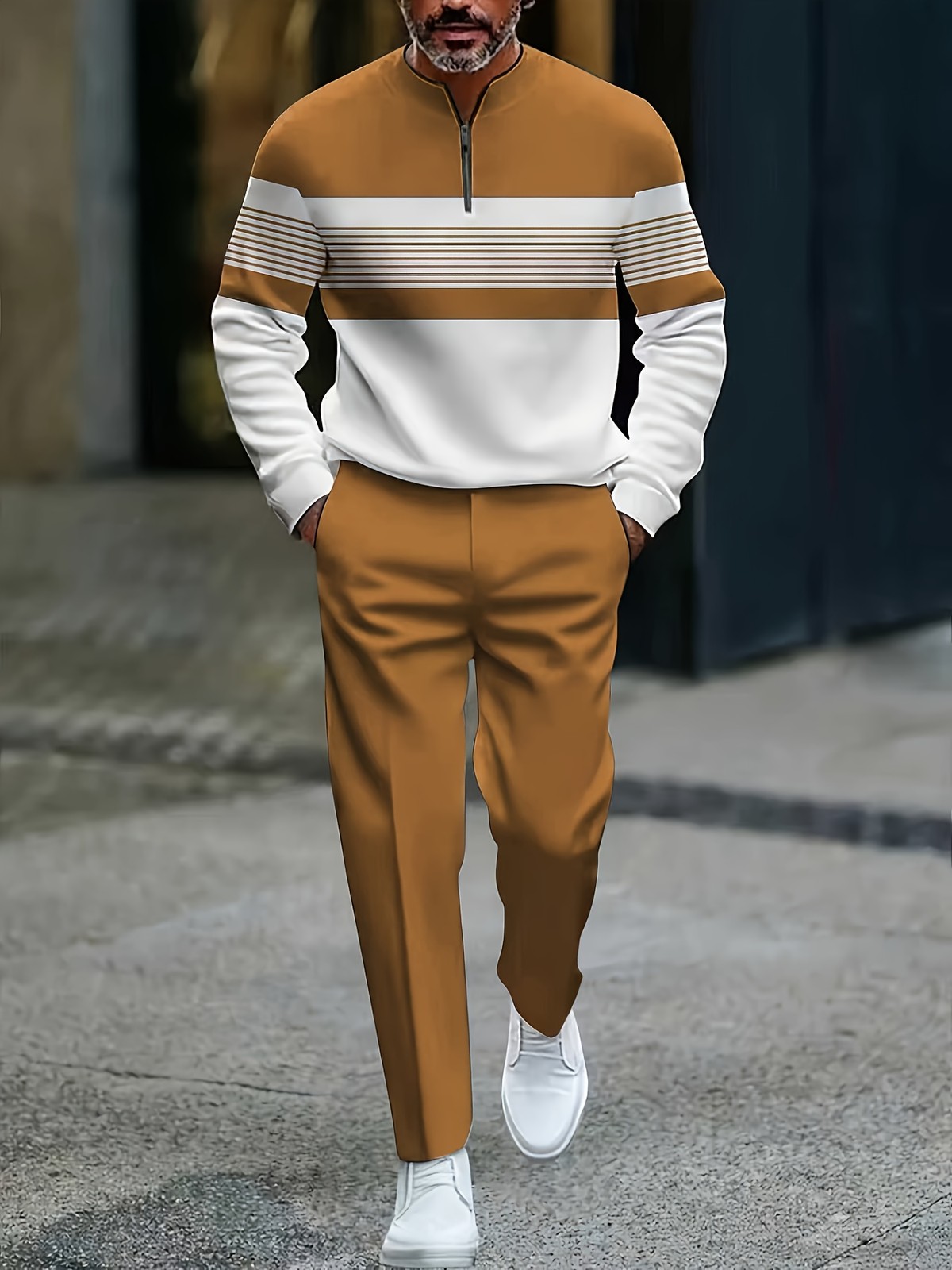Men's fashion casual suit, warm brown and white striped spliced semi-zipper top
