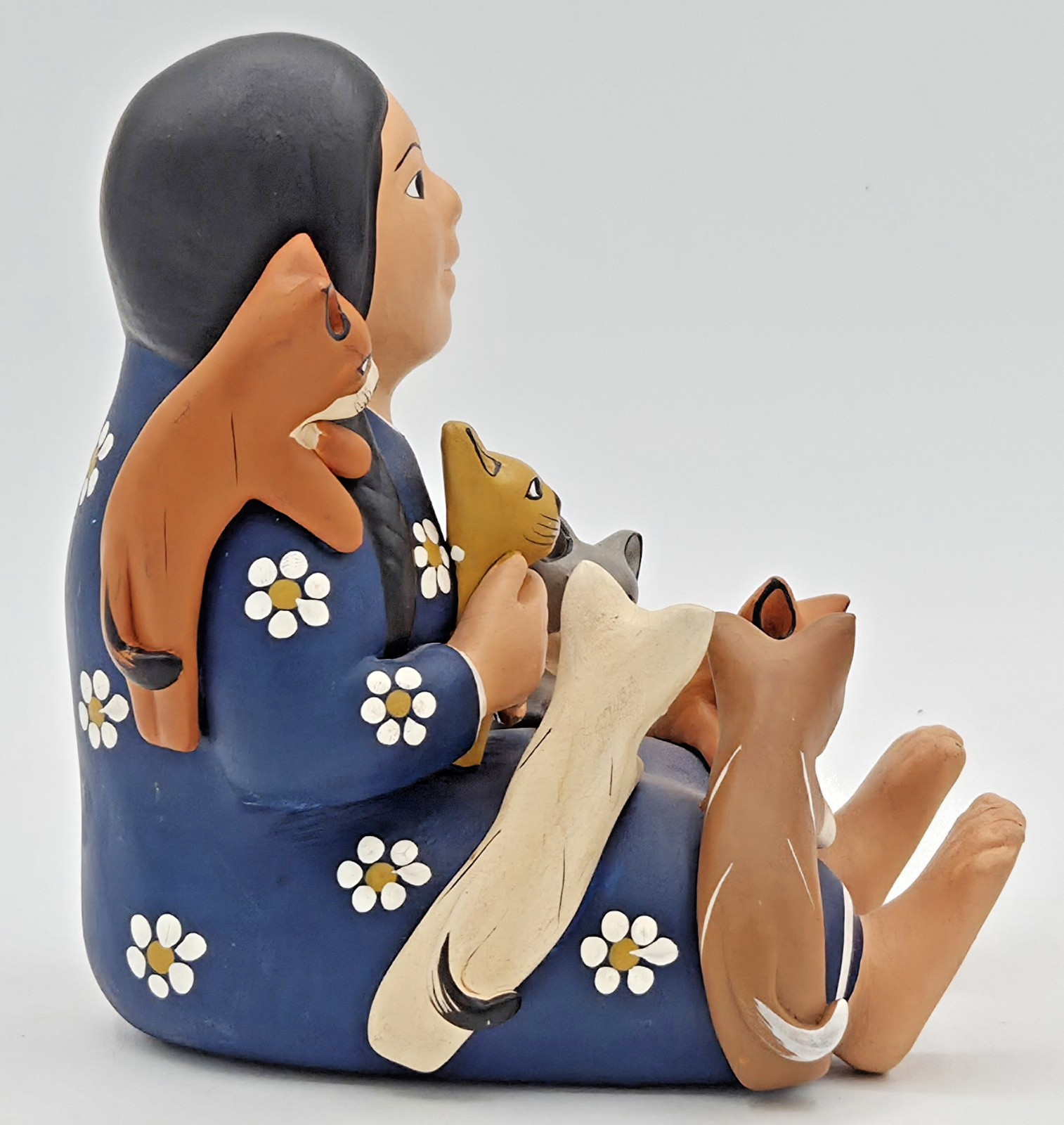 Handmade Peruvian Girl & 7 Cats Storyteller Pottery Ceramic Figure Folk Art