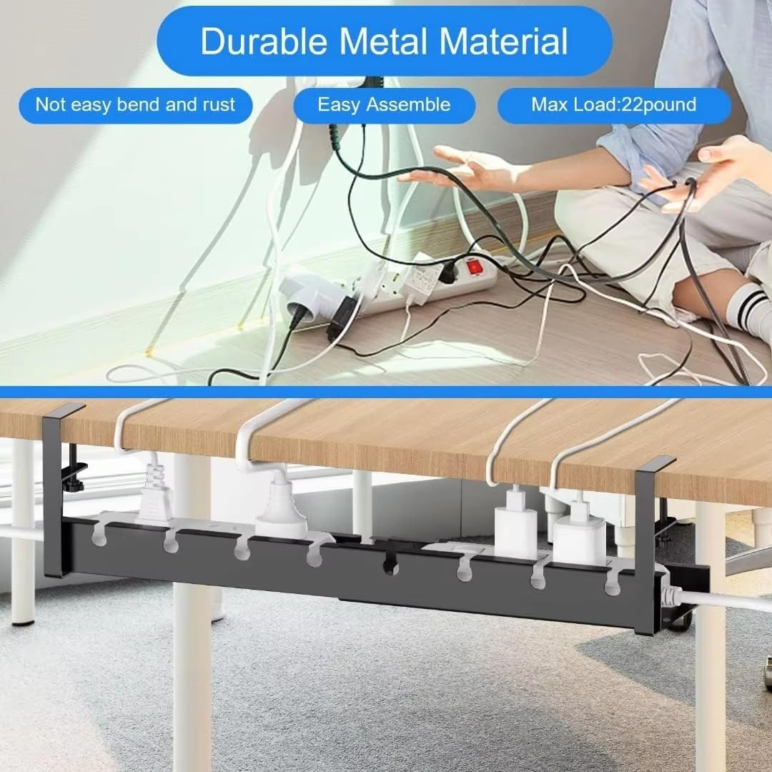Under Desk Cable Management Tray – No Drill, Retractable Metal Cord Black