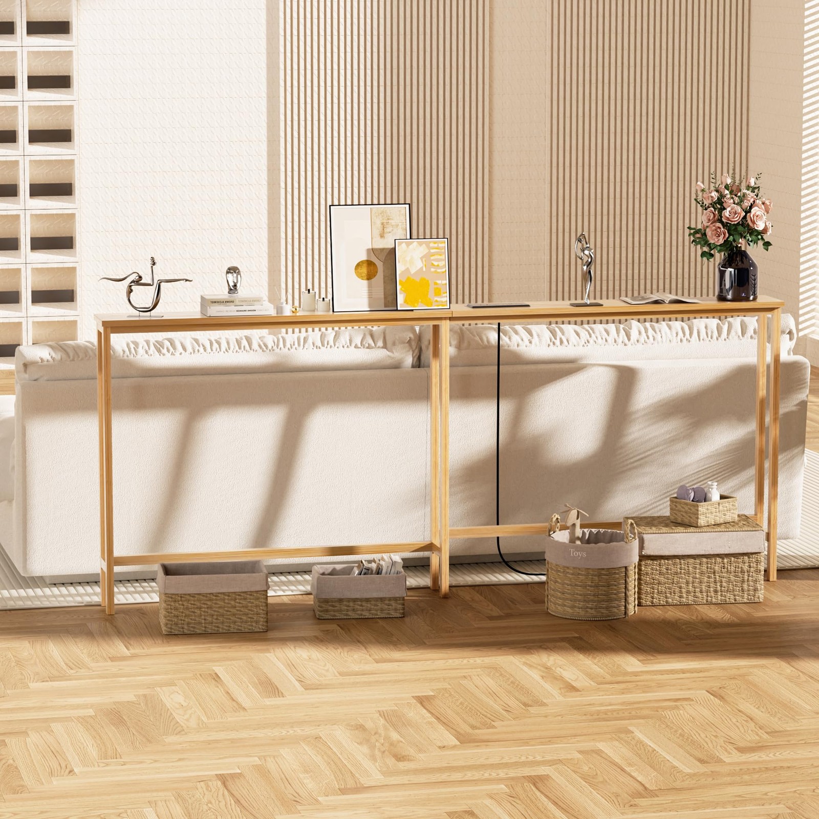 70.9 Inch Narrow Console Table with Outlet,Bamboo Behind Couch Sofa Table,Ski...