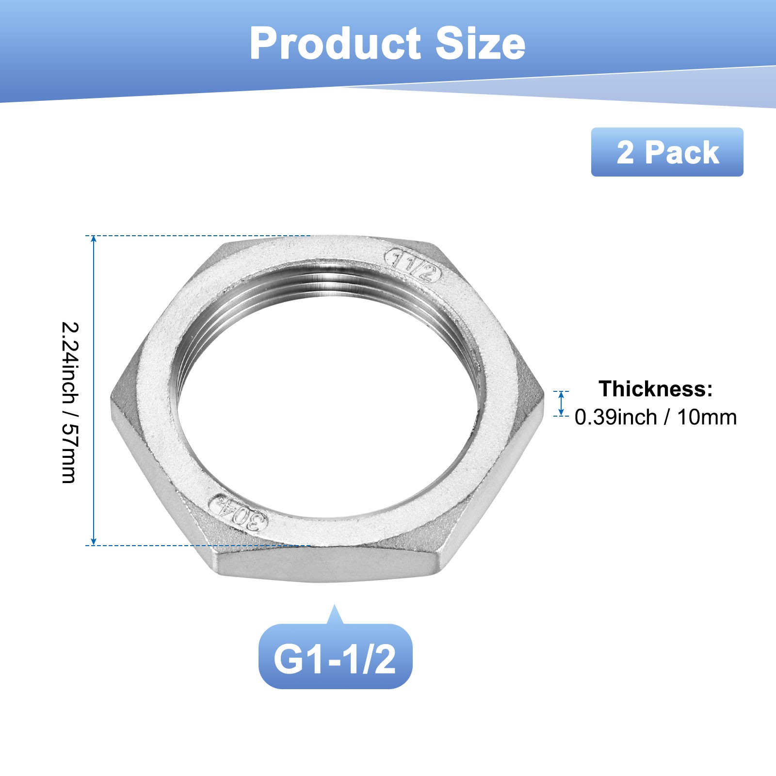 2-Pack Cast Pipe Fitting Hex Locknut, G1-1/2 Female Thread Hex Locking Nut