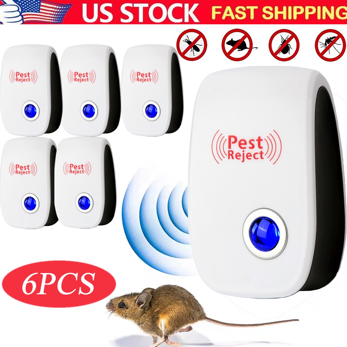 6 Pcs Ultrasonic Pest Repeller Control Electronic Repellent Mice Bug Rat Reject