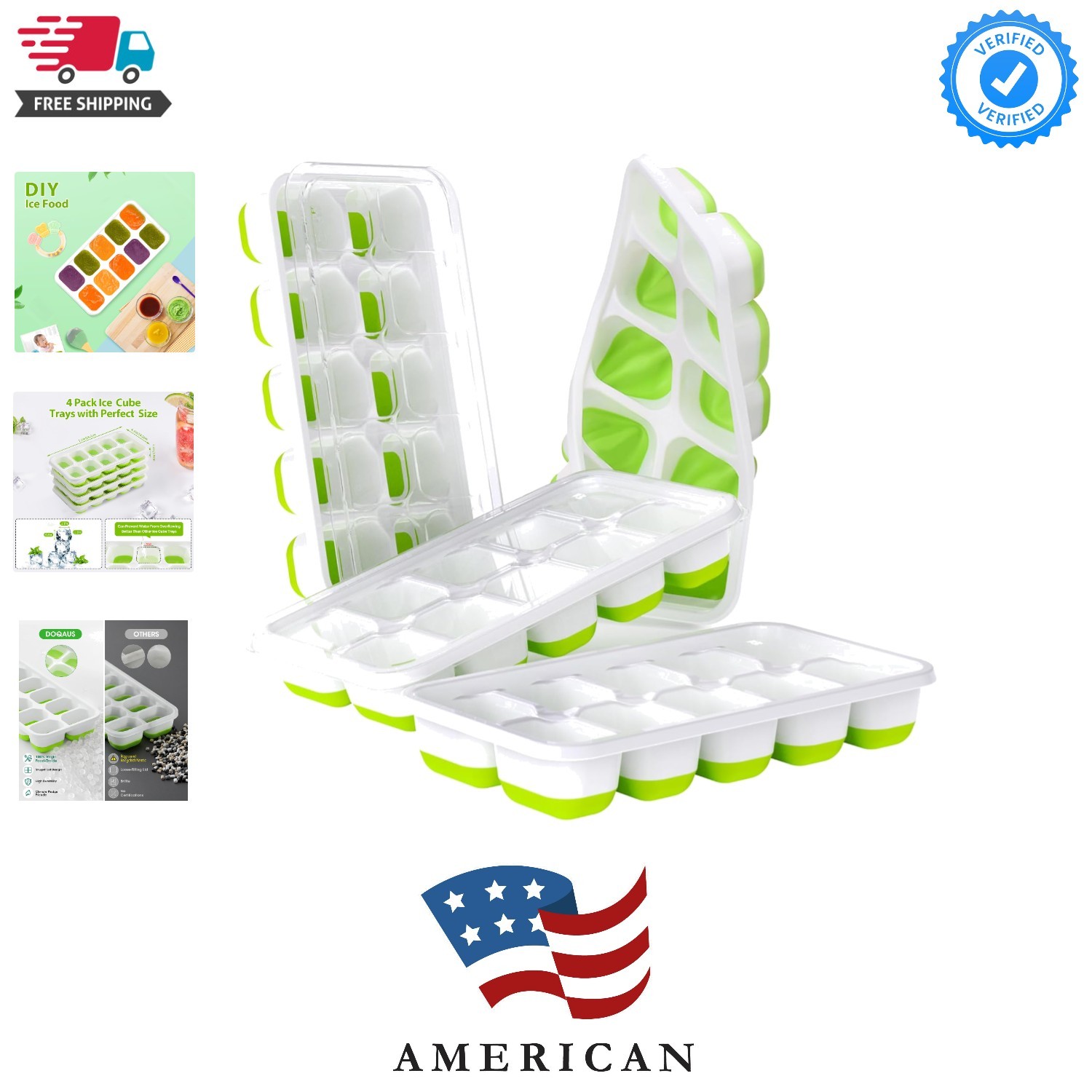 Ice Cube Tray with Lids - 4 Pack Stackable Silicone Ice Trays for Freezer, BP...