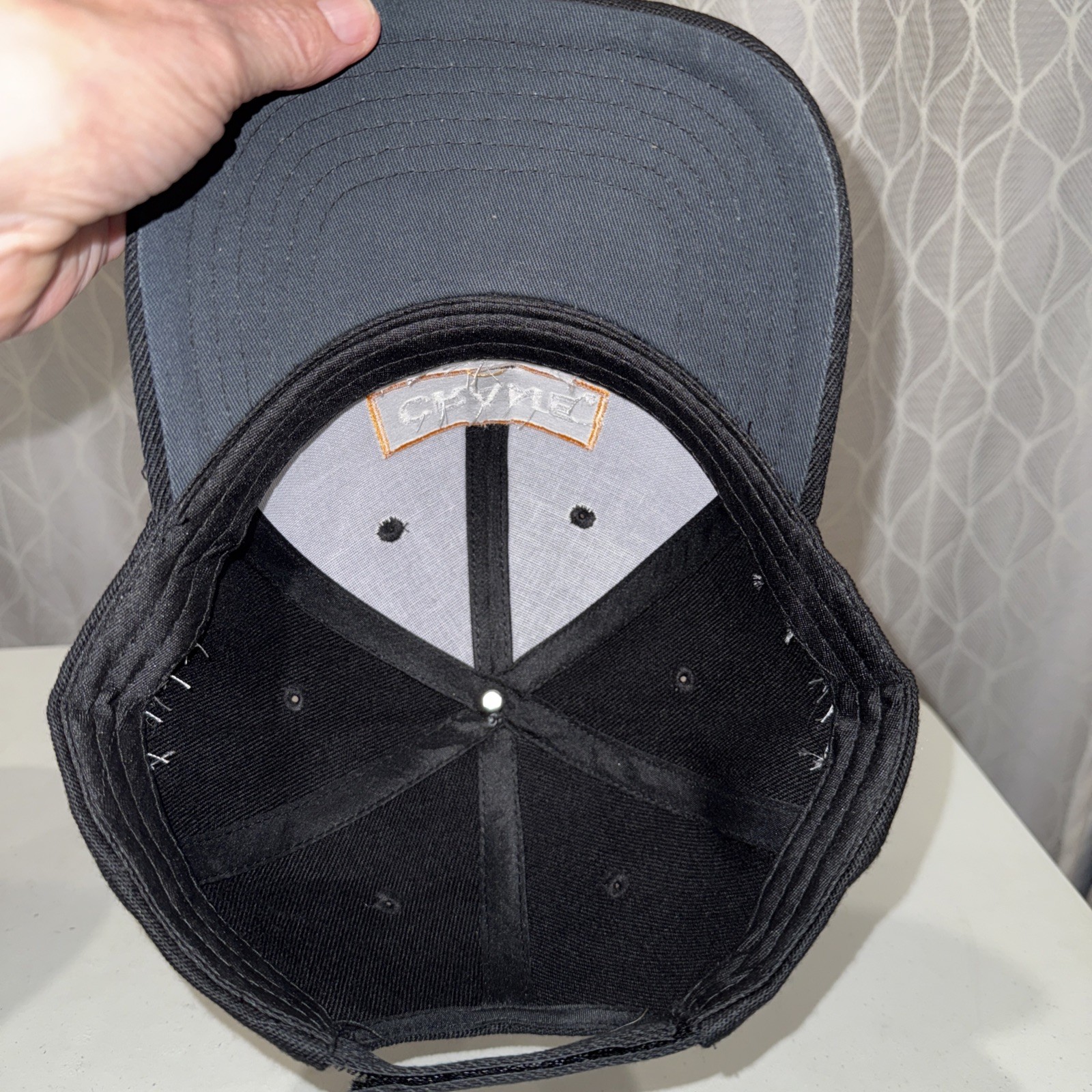 Crane Nuclear Black Hat Cap w Orange Rectangle and White Letters Hook Loop EUC