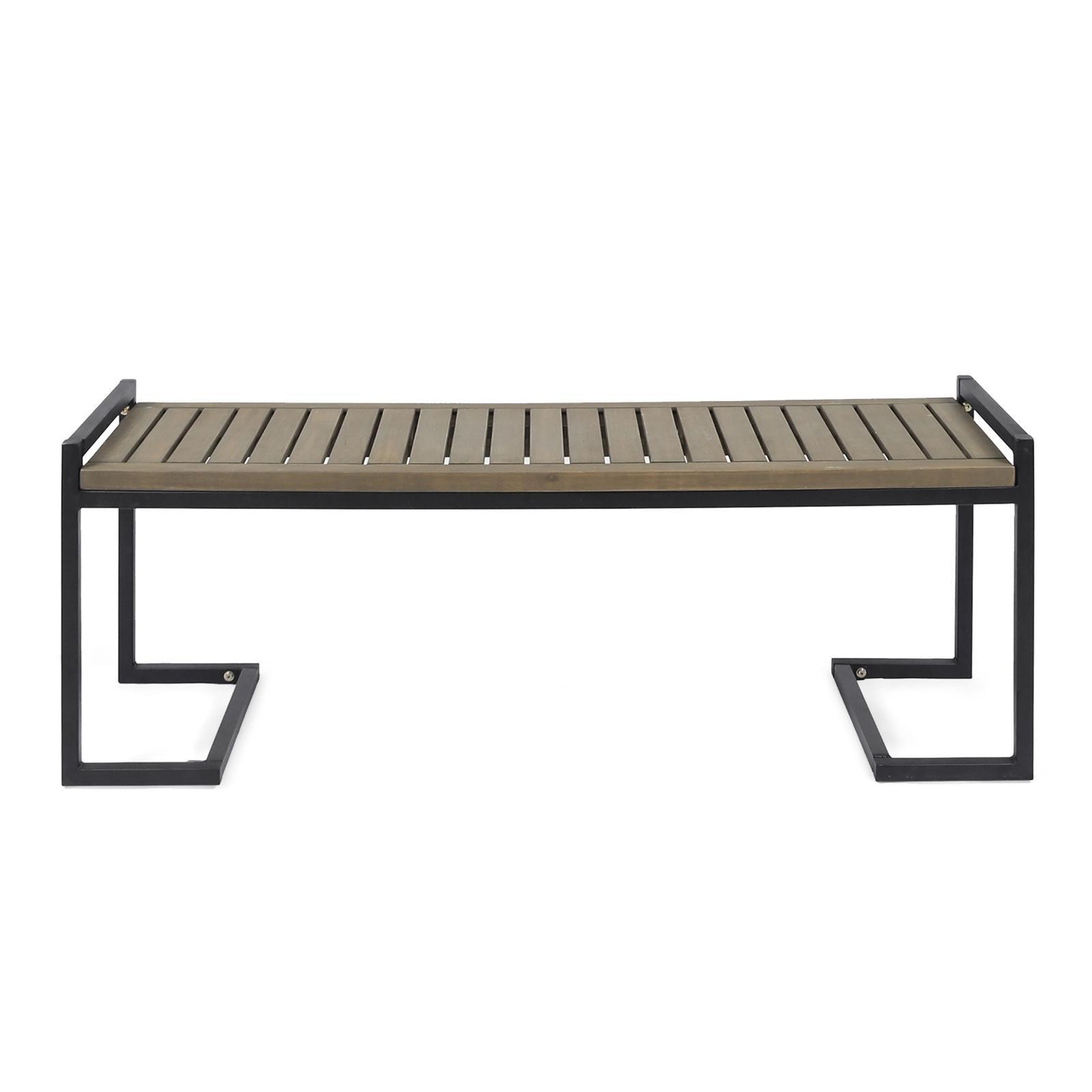 Modern Wood and Metal Bench, Acacia Slatted Seat with Black Cantilever Iron
