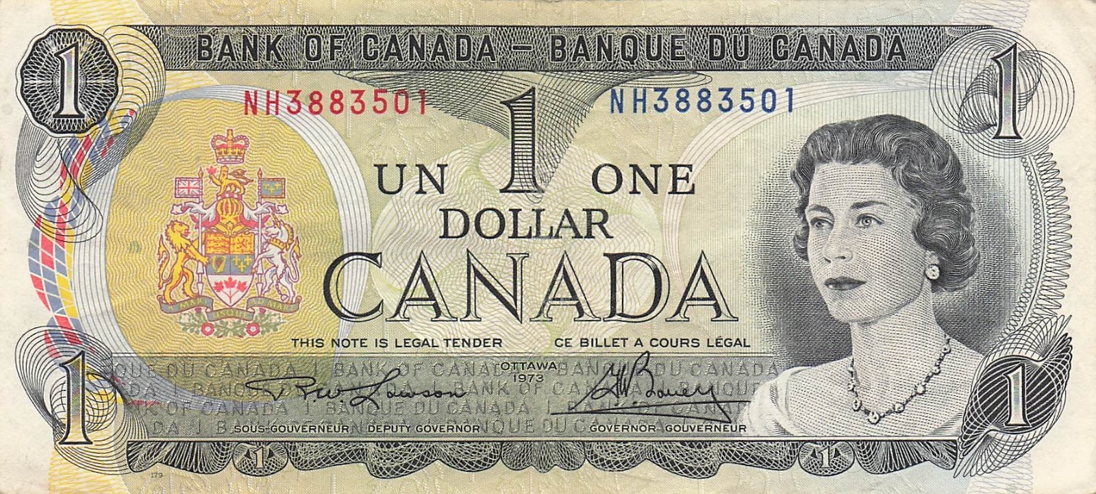 Canada  $1  Ottawa , 1973  Series  N H  Que. II  Circulated Banknote W Z