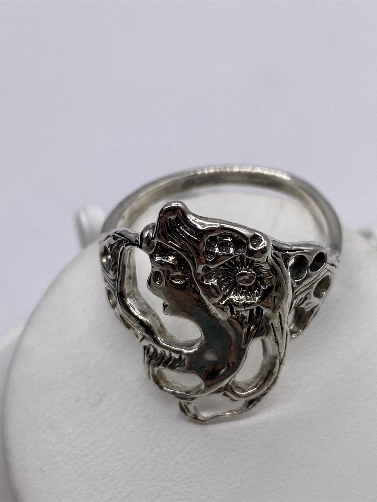 Art Nouveau Lady Woman Head Ring Sterling Silver Size 7.25 Flower in Hair