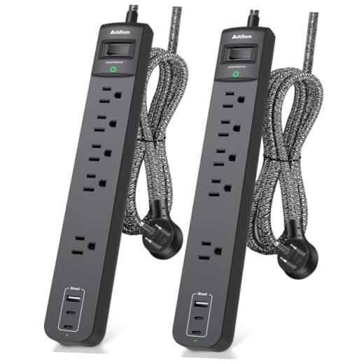 2 Pack Power Strip Surge Protector - 5 Widely Spaced 6 FT Black & Dark Gray