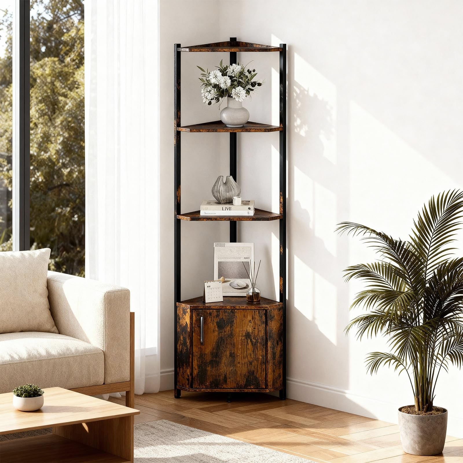 Corner Storage Shelf 5-Tier 58" Wood Shelves, Display Stand for Living & Bedroom