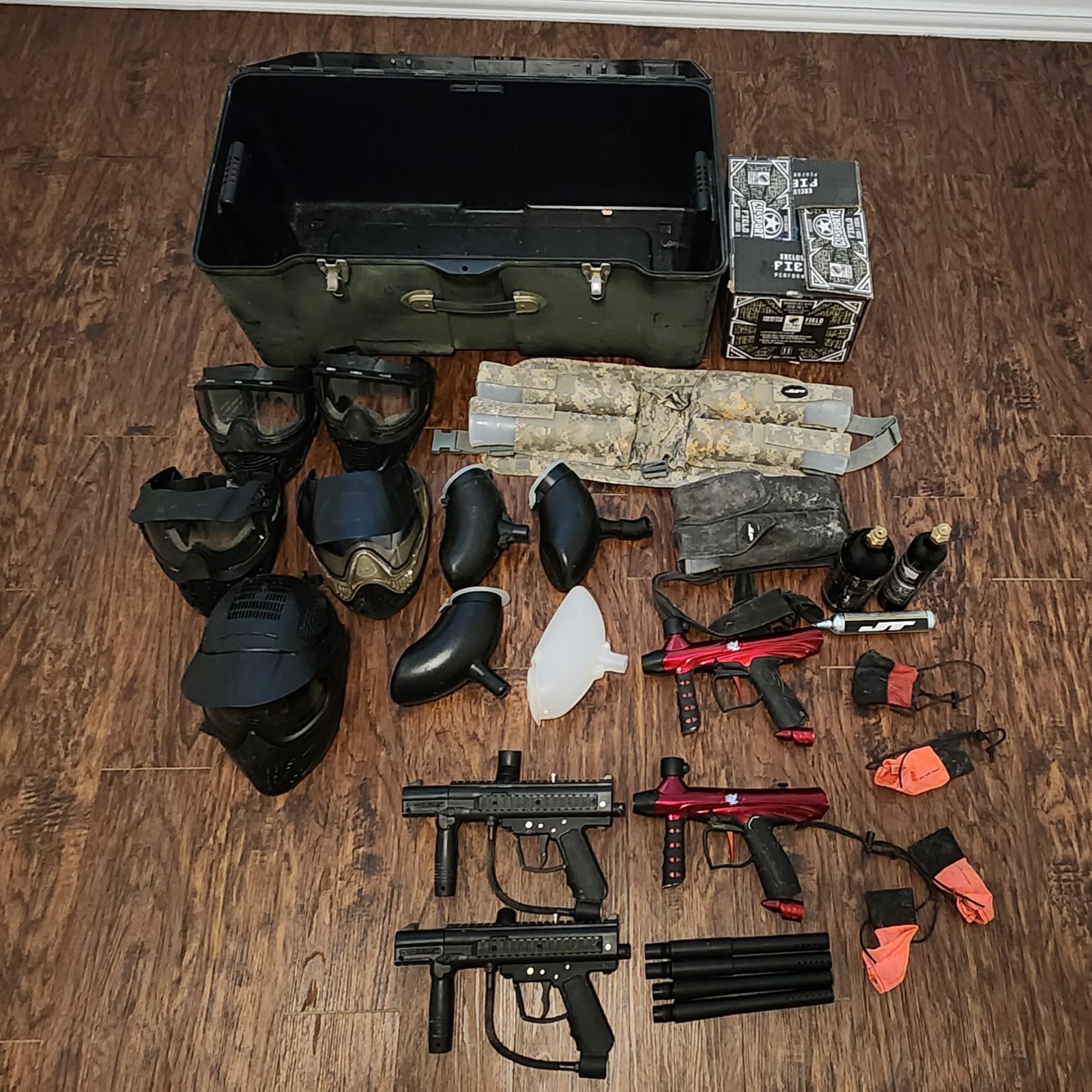 Paintball Gear: 4 Markers, 5 Masks,  Accessories w/ Footlocker + Badass T Shirt
