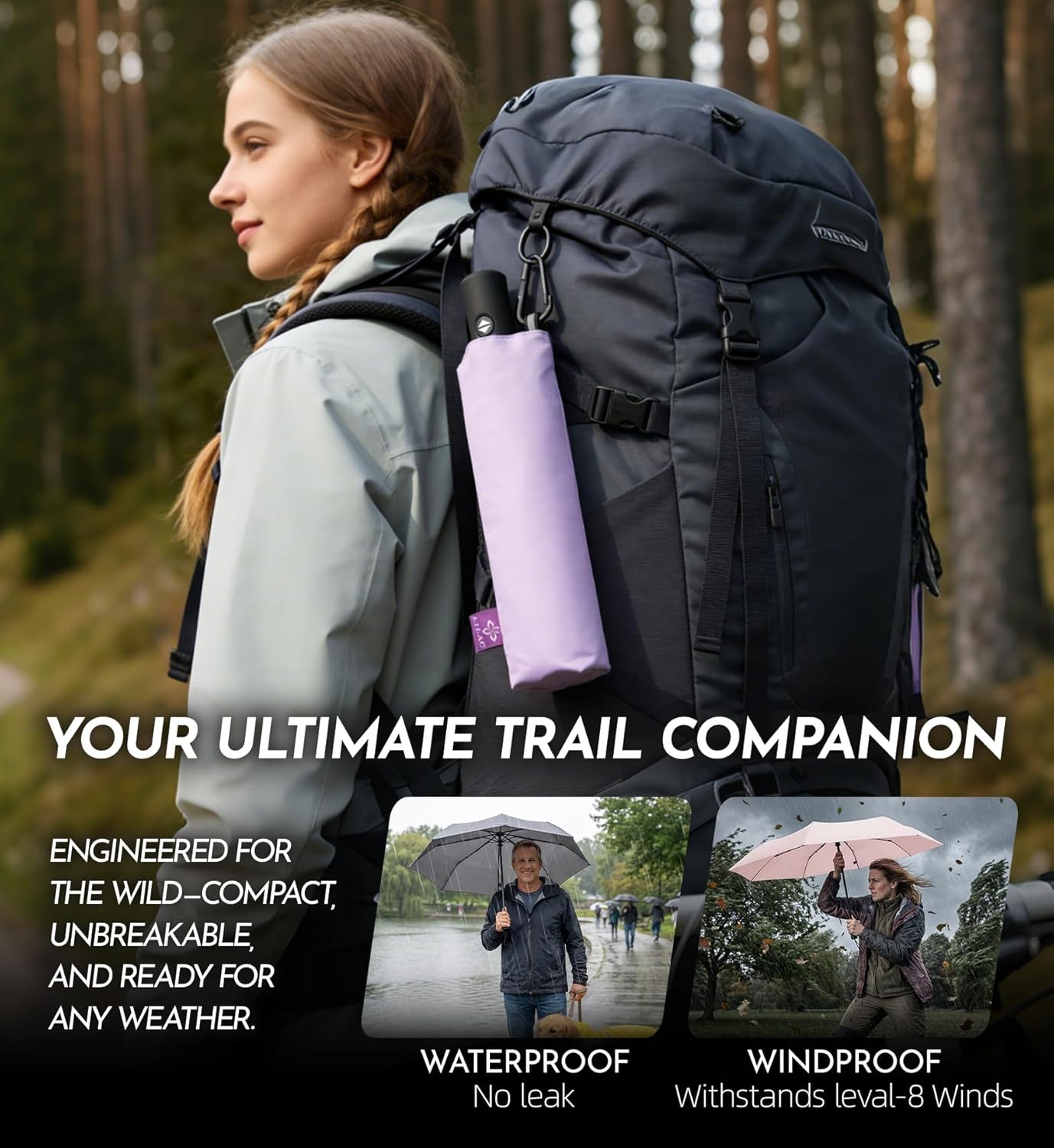 43 Inch Travel Umbrella Compact Windproof Auto Open Close Lightweight