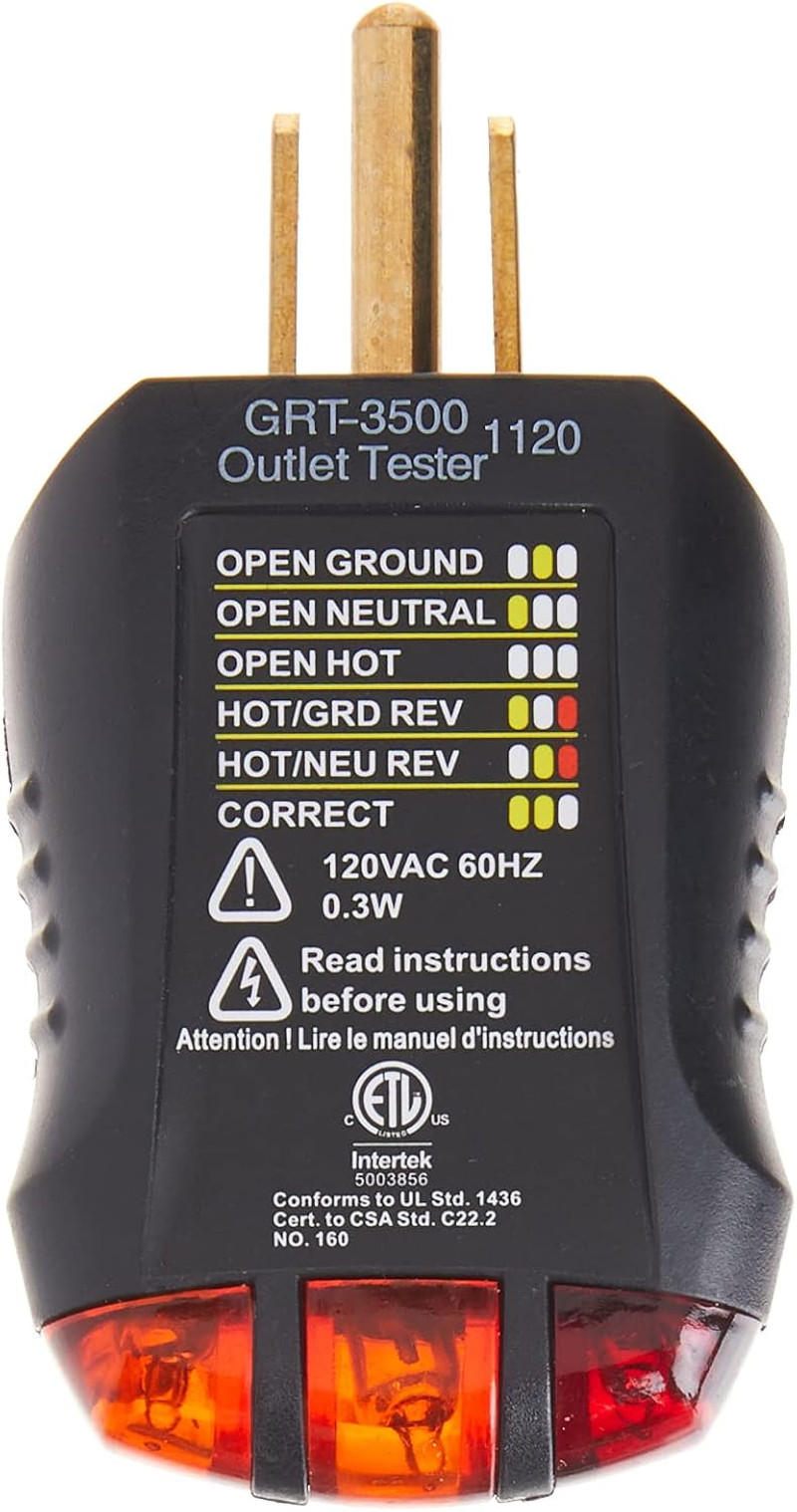 GRT-3500 Outlet Receptacle Tester & Circuit Analyzer, Indicates 5 Wiring Errors,